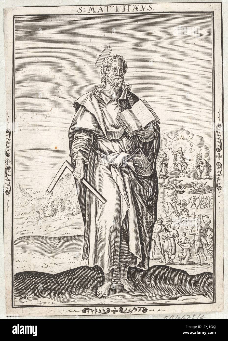 Dieser Kupferstich von Nicolaes de Bruyn zeigt den heiligen Matthäus und zeigt Gesichtszüge, Vorhänge und symbolische Elemente in der europäischen religiösen Kunst des 17. Jahrhunderts. Stockfoto