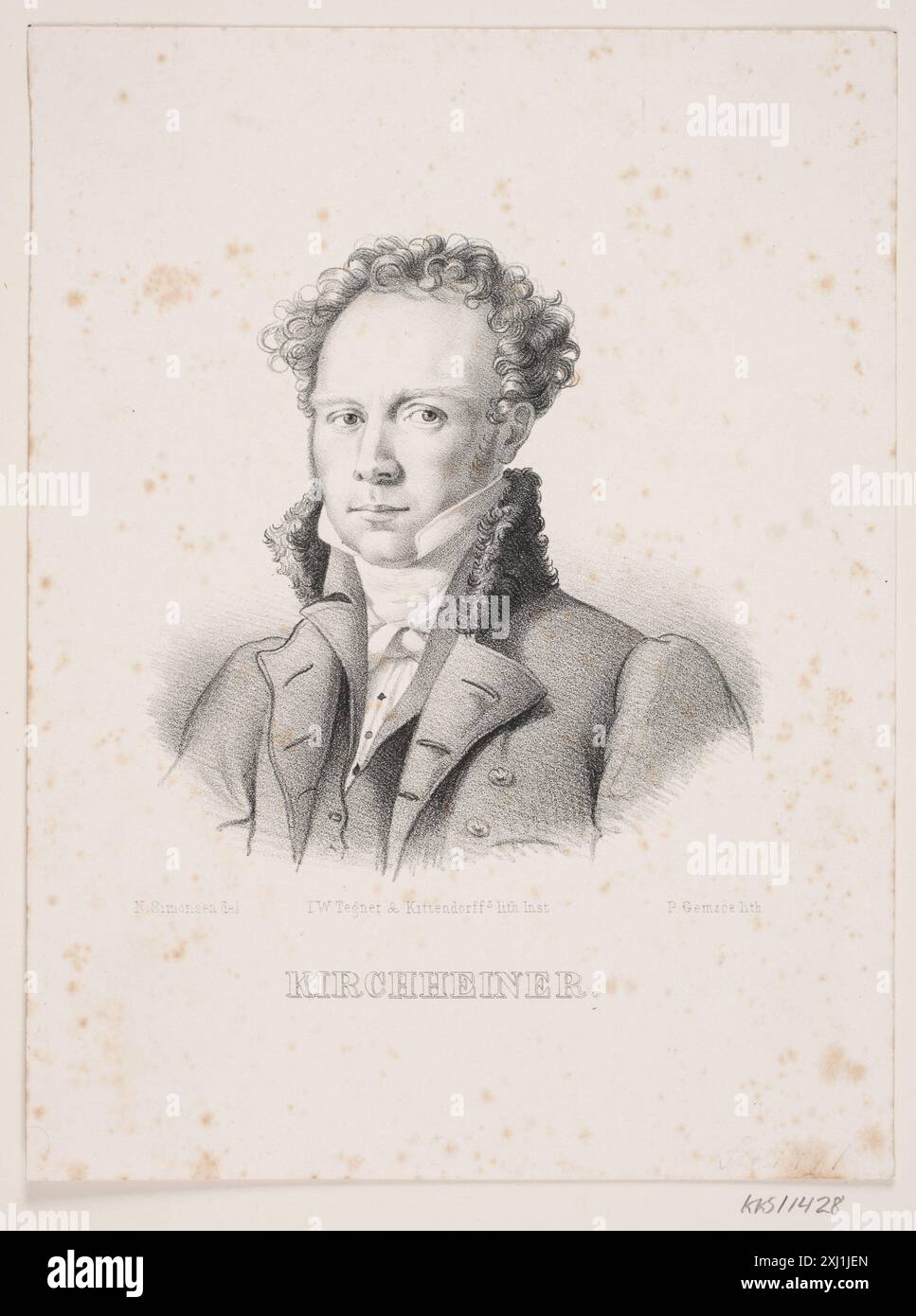 Johan Frederik Kirchheiner Gemzøe, Peter Henrik 1811 - 1879, Simonsen, Niels 1807 - 1885, I.W. Tegner & Kittendorffs Lithografiske Institut 1850 - 1893 Lithograph, Print Danske portrætter i kobberstik, litografi og træsnit: en beskrivende fortegnelse, P.B.C. Westergaard, Nr. 6329, C 3997:1-2 da, 1930-1933 Johan Frederik Kirchheiner Stockfoto