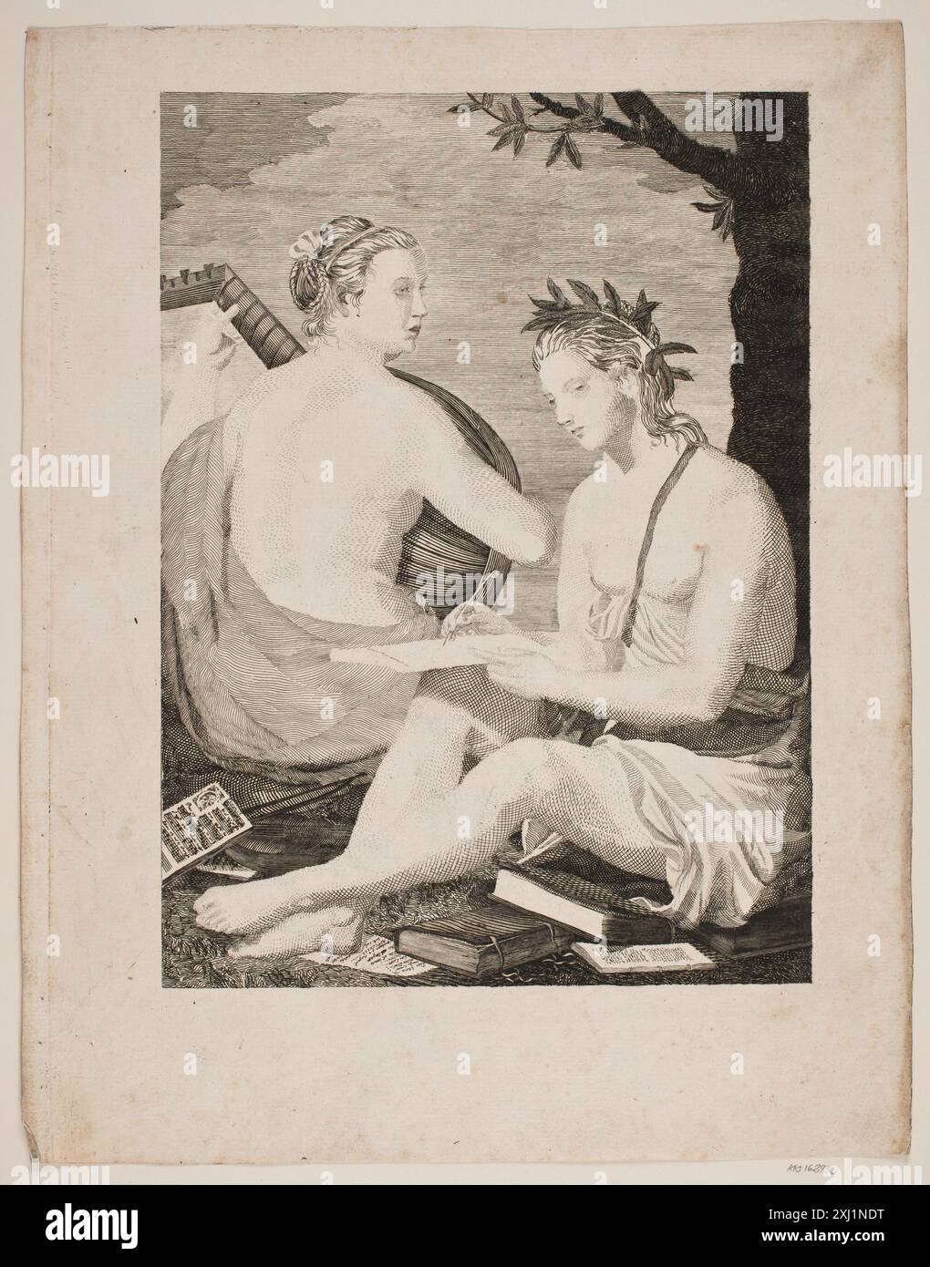 Kupferstich von Gerhard Ludvig Lahde nach Guercino mit Terpsichore und Calliope, den griechischen Musen des Tanzes und der epischen Poesie. Stockfoto