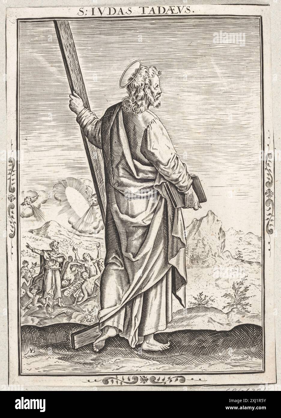 Kupferstich von Nicolaes de Bruyn, der den Heiligen Jude Thaddeus darstellt und den heiligen, symbolische Attribute und kompositorische Elemente zeigt. Stockfoto
