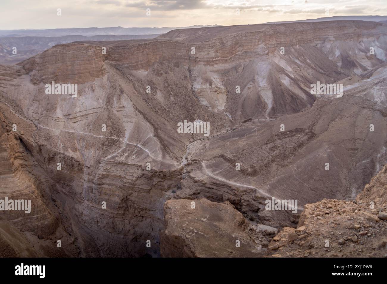 Der malerische Canyon mitten in der trockenen Wüste in Israel im Nahen Osten. Stockfoto