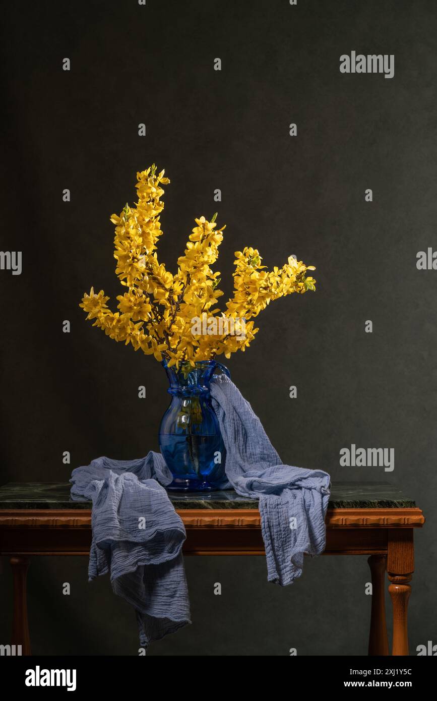 Stillleben mit Frühling, gelbe Blumen im Glas, blaue Vase auf Marmor, grüner Tisch. Dunkelgrauer Hintergrund. In der Nähe liegt ein blauer Schal. Forsythia Stockfoto