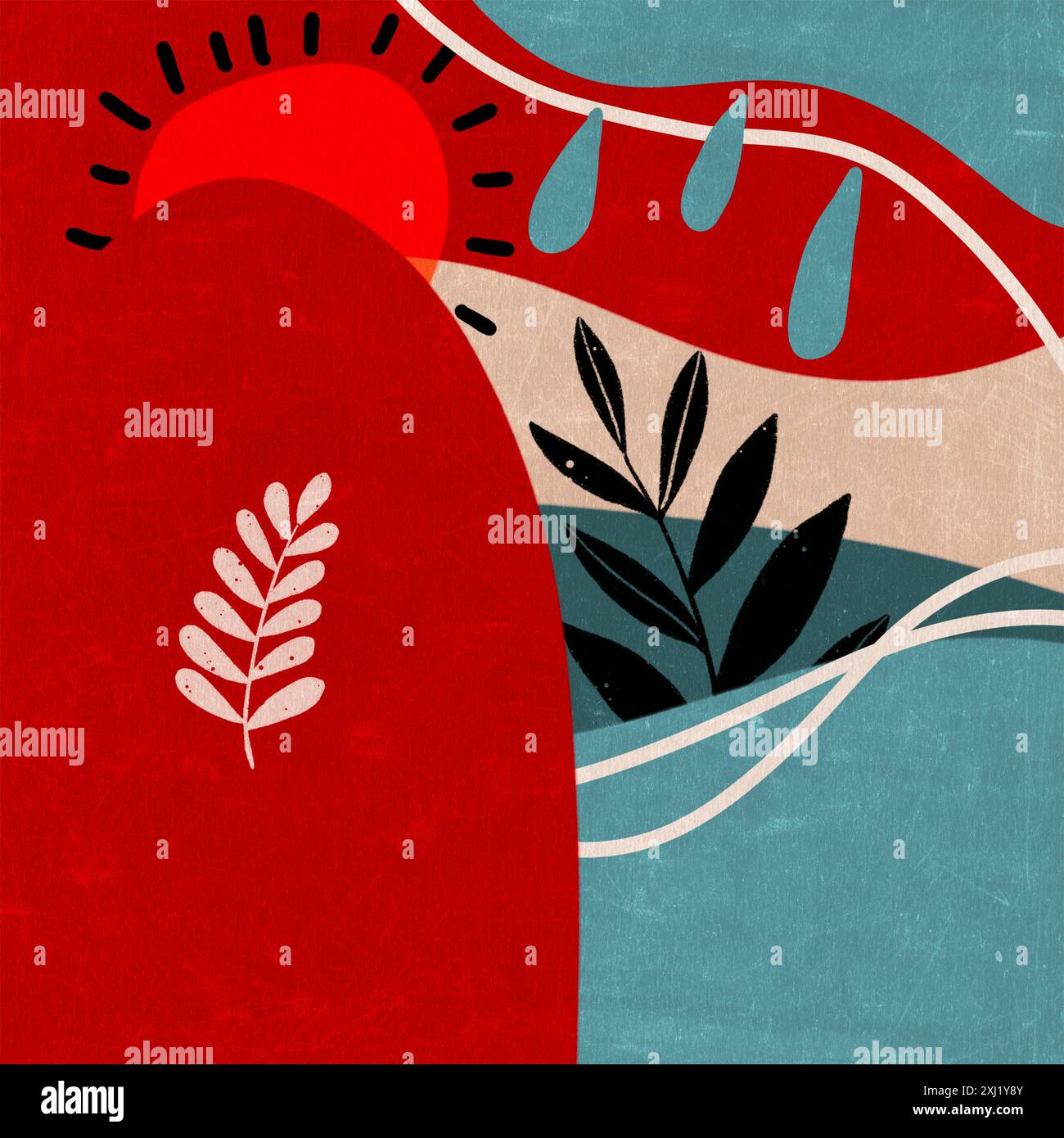 Das Kunstwerk bietet kräftige Farben, organische Formen und Blattmotive, die ein Gefühl von Kreativität und Balance schaffen Stockfoto