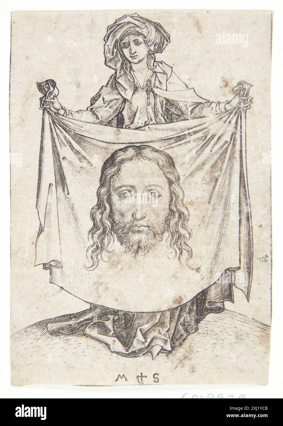 Veronika hält das Schweißtuch Schongauer, Martin 1428 - 1491 Kupferstich, Druck Hollsteins deutsche Stiche, Radierungen und Holzschnitte 1400-1700 (Bd. XLIX), Ludwig Schongauer zu Martin Schongauer, Lothar Schmitt, 71, k1999-317, 2000. Die illustrierten Bartsch 8, frühe deutsche Künstler, Meister E.S., Schongauer, Monogrammisten, Jane C. Hutchison, 66, C 36174, 1980 Veronika holdende svededugen Stockfoto