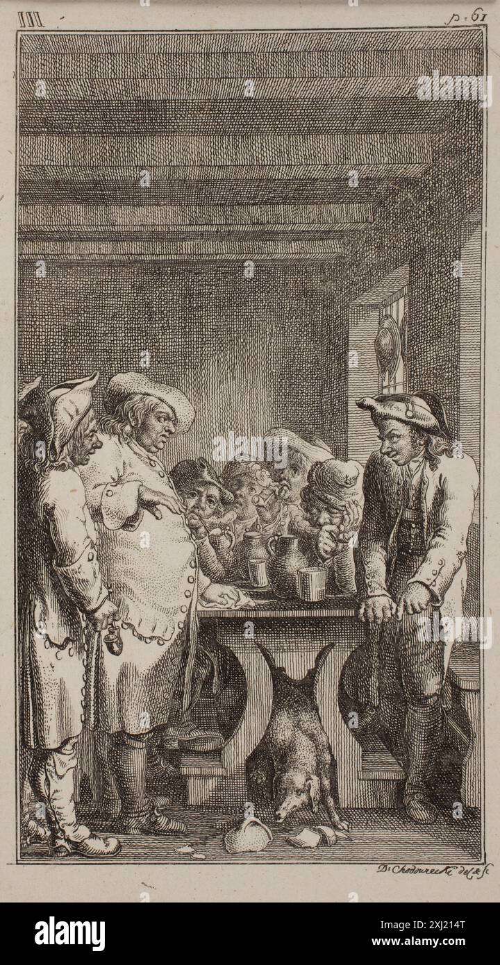 Druck von Daniel Nikolaus Chodowiecki, der einen Hund darstellt, der unter einem Tisch farbiges Wasser aus einem kaputten Gefäß trinkt, umgeben von vier sitzenden und drei stehenden Bauern, die rauchen und trinken, und Figuren, Gesten und häusliche Umgebung zeigt. Stockfoto
