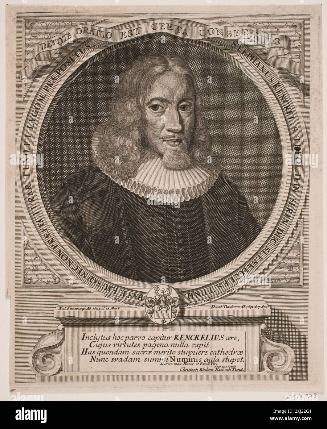 Priester Stephan Kenckel Friedlein, Johan 1585 - 1706, Ayerschöttel, Johan 1640 - 1700 Kupferstich, Print Danske portrætter i kobberstik, litografi og træsnit: en beskrivende fortegnelse, P.B.C. Westergaard, Nr. 6264, C 3997:1-2 da, 1930-1933. Samlinger til en beskrivende Catalog over Portraiter af Danske, Norske og Holstenere, A. Strunk, Nr. 1447, 2303, 1865-1882 Præsten Stephan Kenckel Stockfoto