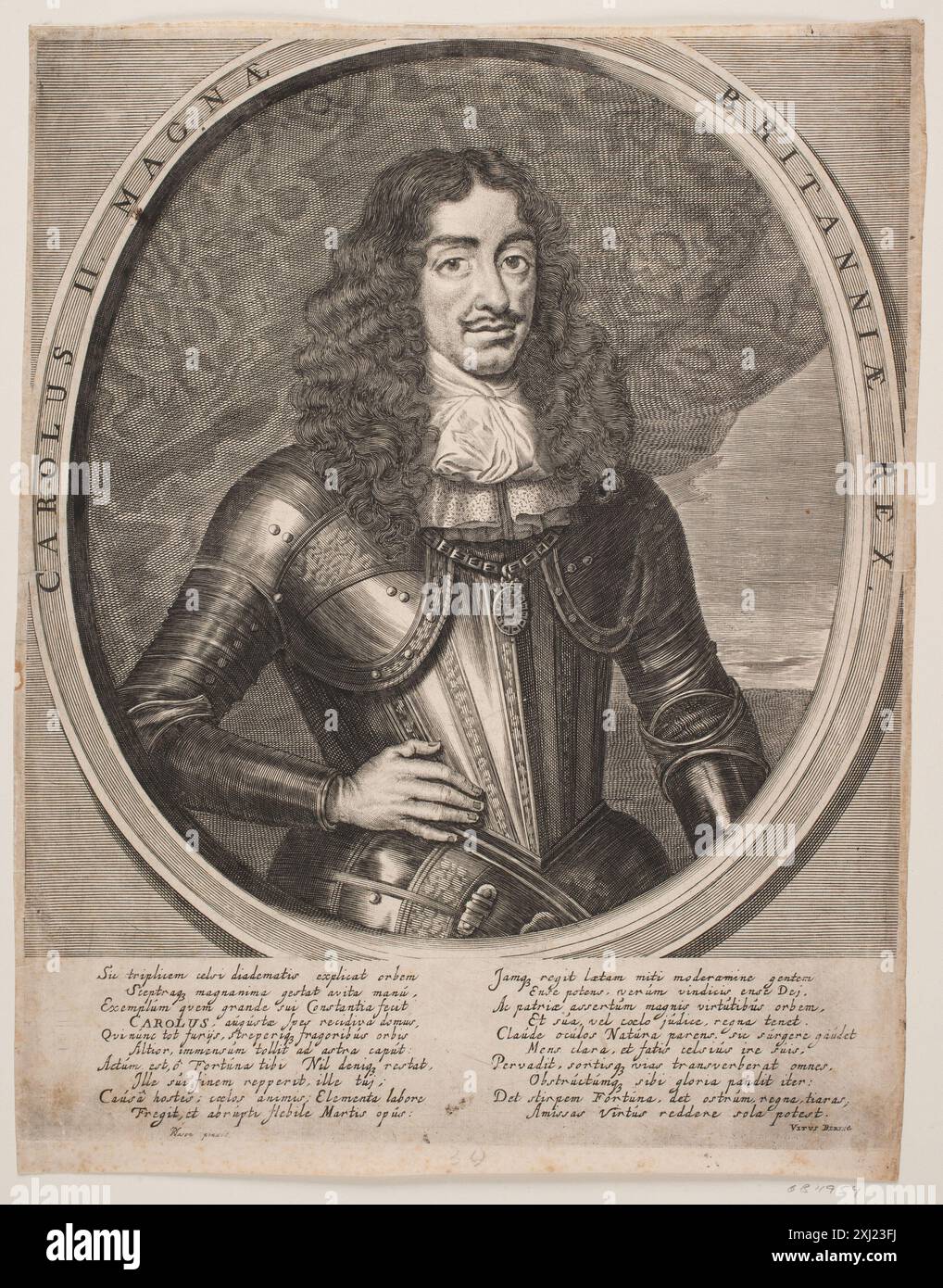 Karl II. Von England Haelwegh, Albert 1598 - 1673, Dalen (II), Cornelis van 1638 - 1660, Nason, Pieter 1612 - 1688 Kupferstich, Druck Kobberstikkeren Albert Haelwegh, Jørgen Sthyr, Nr. 224, 14099, 1938. Geschichte der königlichen Kupferstichsammlung zu Copenhagen: ein Beitrag zur Geschichte der Kunst und Ergänzung der Werke von Bartsch und Brulliot, Baron C.F. von Rumohr, S. 77, 14269, 1835 Karl II. af England Stockfoto