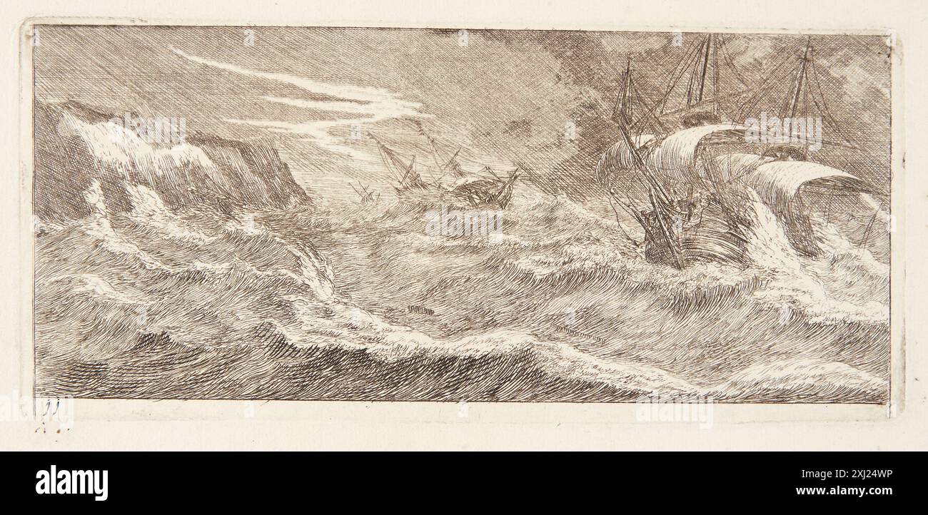 Radierung von Reinier Nooms, die Segelschiffe im Sturm darstellt. Das Bild zeigt hohe Wellen, windgefüllte Segel, Masten, Besatzung und turbulentes Meer, Darstellung der maritimen Herausforderungen des 17. Jahrhunderts. Stockfoto