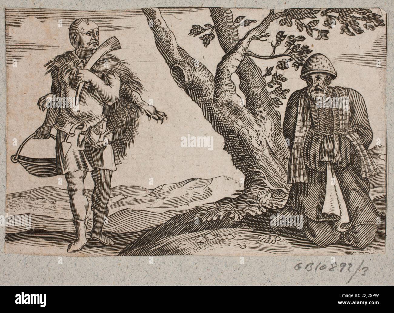Ein Kupferstich von Christian Rothgiesser zeigt zwei türkische Männer in einer Landschaft, einer trägt eine Löwenhaut über der Schulter. Stockfoto