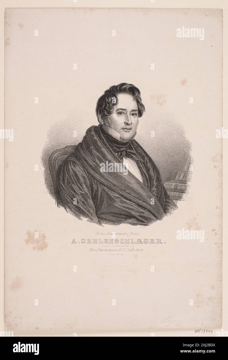 Adam Oehlenschläger Bærentzen, Emil Ditlev 1799 - 1868, Em. Bærentzen Lithographiske Institut 1837 - 1874 Lithograph, Print Danske portrætter i kobberstik, litografi og træsnit: en beskrivende fortegnelse, P.B.C. Westergaard, Nr. 13494, C 3997:1-2 da, 1930-1933. Samlinger til en beskrivende Catalog Over Portraiter af Danske, Norske og Holstenere, A. Strunk, Nr. 2065, 2303, 1865-1882 Adam Oehlenschläger Stockfoto