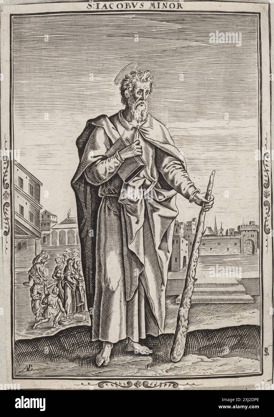 Dies ist ein Kupferstich von Sankt Jakob dem Jüngeren von Nicolaes de Bruyn, der im späten 16. Bis Mitte des 17. Jahrhunderts erstellt wurde und detaillierte Linienarbeiten zeigt, die typisch für Bruyns Drucke sind. Stockfoto