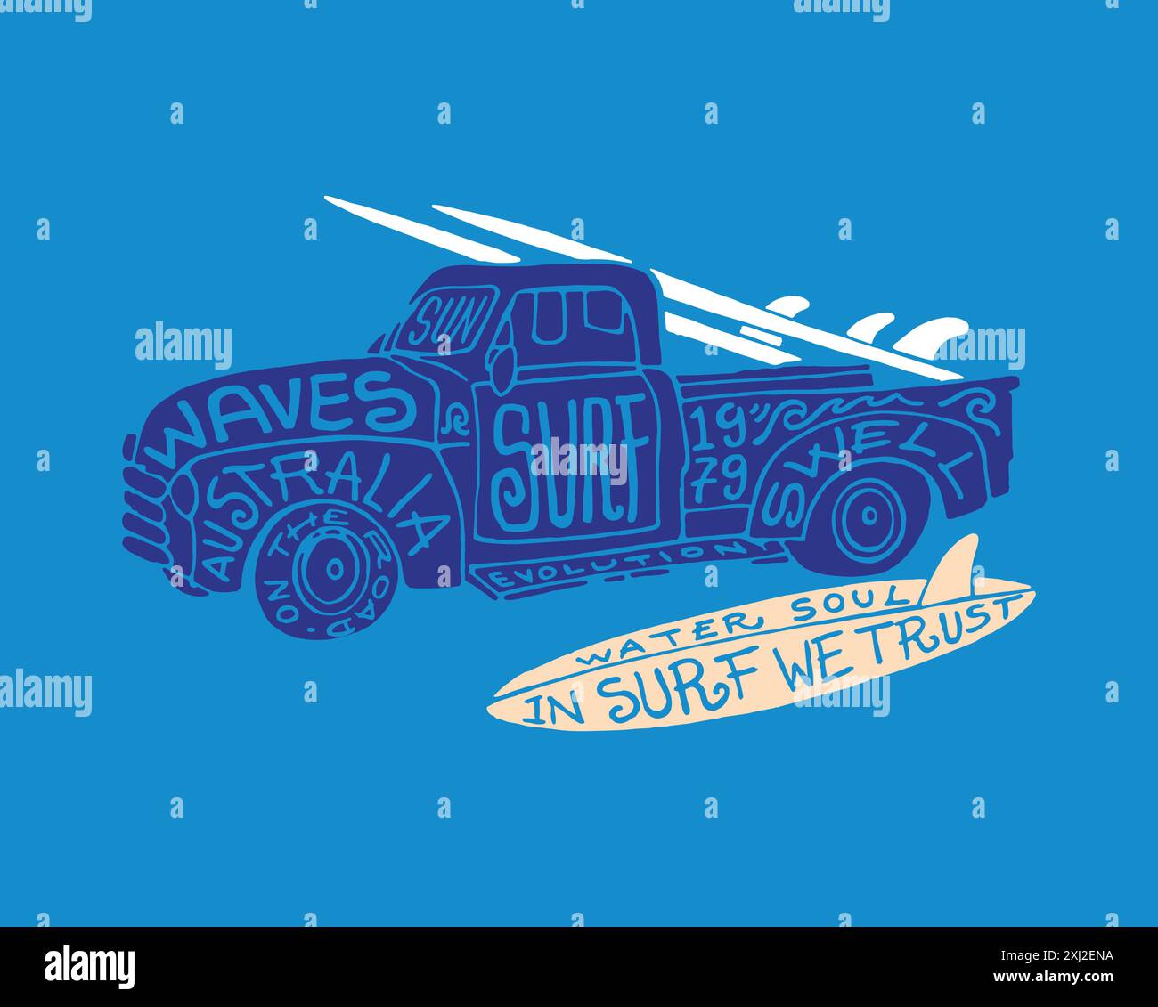 Vektorillustration eines Trucks mit Surfbrett. Stock Vektor