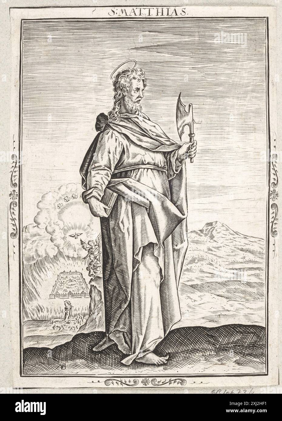 Kupferstich von Nicolaes de Bruyn, der den heiligen Matthias darstellt, mit Figur, Attributen, religiösen Symbolen und Andachtsbildern aus dem 17. Jahrhundert. Stockfoto