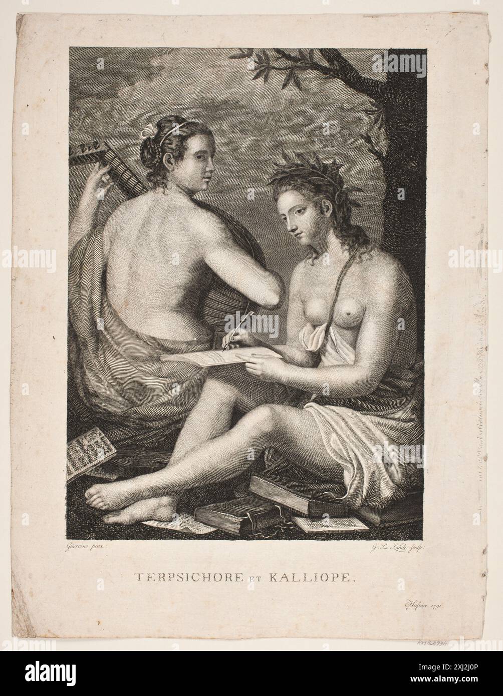 Kupferstich von Gerhard Ludvig Lahde nach Guercino mit den griechischen Musen Terpsichore und Calliope, die Tanz und epische Poesie darstellen. Stockfoto