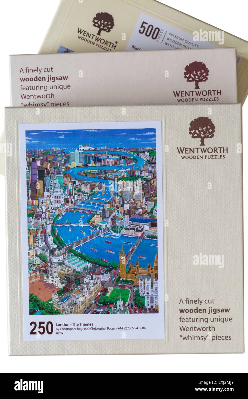 Stapel von Wentworth Puzzles Puzzle Puzzle Boxen - eine fein geschnittene Holzpuzzle Puzzle mit einzigartigen Wentworth Wimsy Stücke Stockfoto
