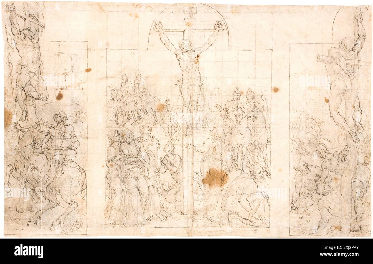 Zeichnung von Maarten van Heemskerck (1498–1574) als Studie für einen dreiflügeligen Altaraufsatz, der die Kreuzigung mit Christus am Kreuz, Figuren und vorbereitende Skizzen zeigt. Stockfoto