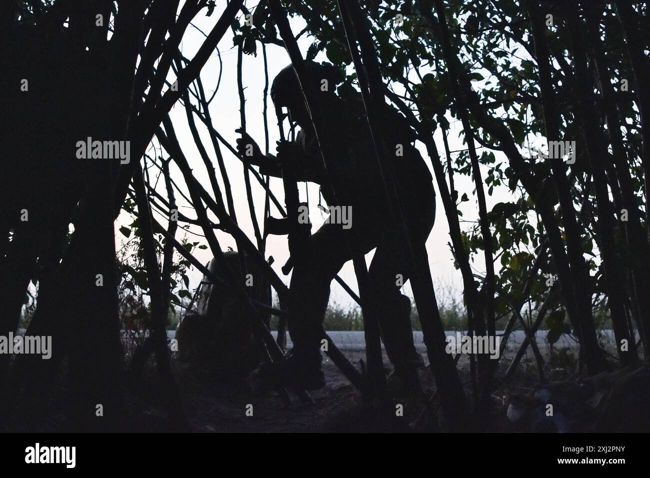 15. Juli 2024: Robotyne, Zaporischschschhia, Ukraine: Ein ukrainischer Soldat der 65. Separaten Mechanisierten Brigade an der Frontlinie in der Nähe von Robotyne. Der unnachgiebige Druck der Ukraine, ihre Verbündeten dazu zu bewegen, Ziele innerhalb Russlands mit gespendeten Waffen zu treffen, könnte beginnen zu funktionieren, sagte Präsident Wolodymyr Zelenskij am 15. Juli 2024. Wenn diese Erlaubnis nicht erlaubt wird, wird die Ukraine ihre eigenen Waffen einsetzen, um Russland zu treffen. Viele seiner Verbündeten unter der Führung der USA setzen den Zielen Grenzen, die sie innerhalb Russlands treffen können. Etwas, was Kiew sagt, macht es unmöglich, die Flugbasen und c zu treffen Stockfoto