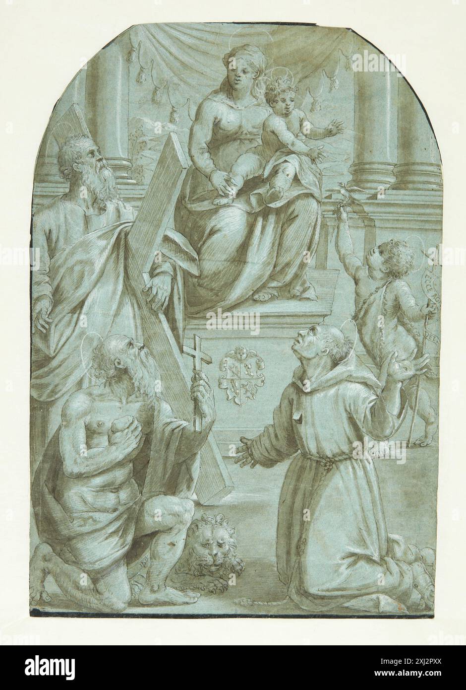 Zeichnung von Moretto da Brescia (1498–1554) von Maria mit dem Jesuskind auf dem Thron, begleitet von Apostel Andreas, Kind Johannes dem Täufer, dem heiligen Jerome und dem heiligen Franz von Assisi, mit religiöser Ikonographie. Stockfoto