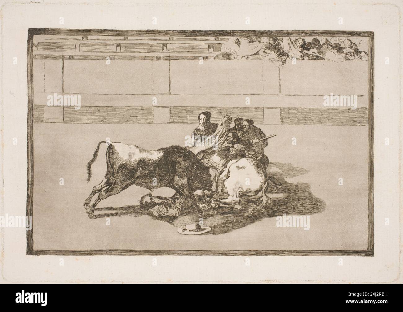 Goya zeigt einen Picador, der von seinem Pferd geworfen wird und unter einen Stier fällt. Er zeigt Gefahr, Haltung und Interaktion in einem detaillierten Stierkampfstich aus dem 18. Jahrhundert. Stockfoto