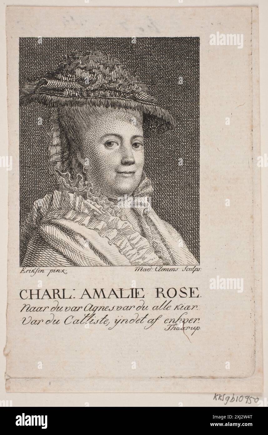 Kupferstich von Marie Jeanne Clemens mit der Darstellung von Charlotte Amalie Rose, dokumentiert in der Biographie und im Katalog von J.F. Clemens, Teil dänischer Porträts in Stichen, Lithografien und Holzschnitten, aufgenommen von P.B.C. Westergaard zwischen 1930 und 1933. Stockfoto