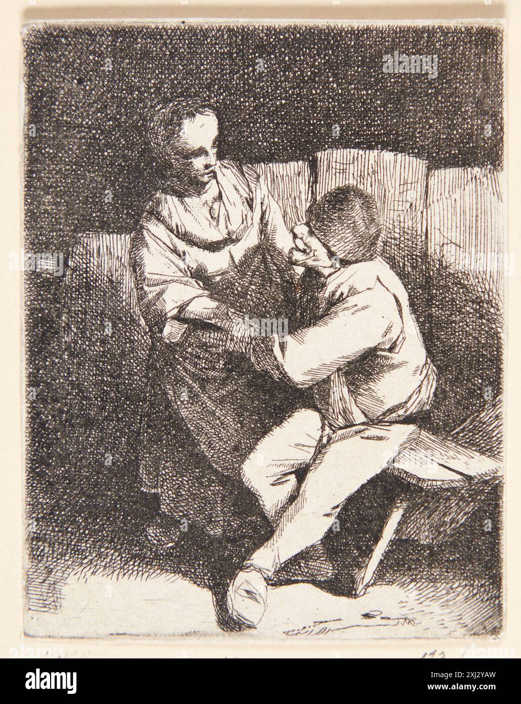 Ätzung von Cornelis Pietersz Bega, die eine Frau darstellt, die den Aufstieg eines Bauern ablehnt, Teil der niederländischen und flämischen Stiche und Stiche von 1450 bis 1700. Stockfoto