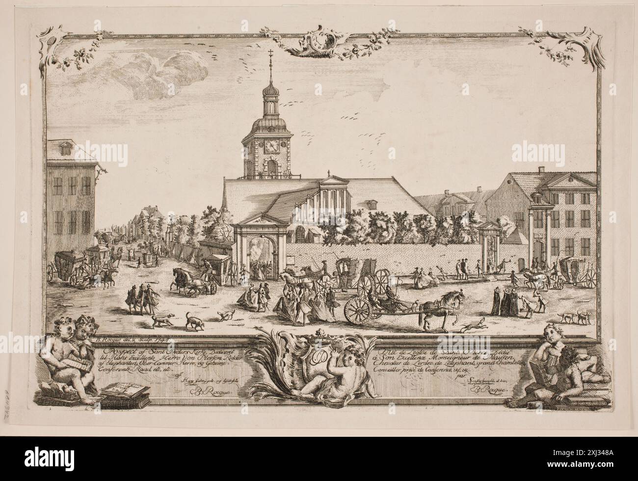 Saint Peders Church, Copenhagen Roque, Bartholomæus 1720 - 1760 Gravur, Print Samlinger til en beskrivende Fortegnelse over danske kobberstik, raderinger, Illustrationer m. m., Frederik G. Krohn, Nr. 127, D 3448, 1889. Københavnske Motive 1587-1807: Københavns Bymuseum 31.maj - 31.juli 1974, John Erichsen, Kat.Nr. 57, afb. S. 44, D 31059, 1974 Sankt Peders kirke, København Stockfoto