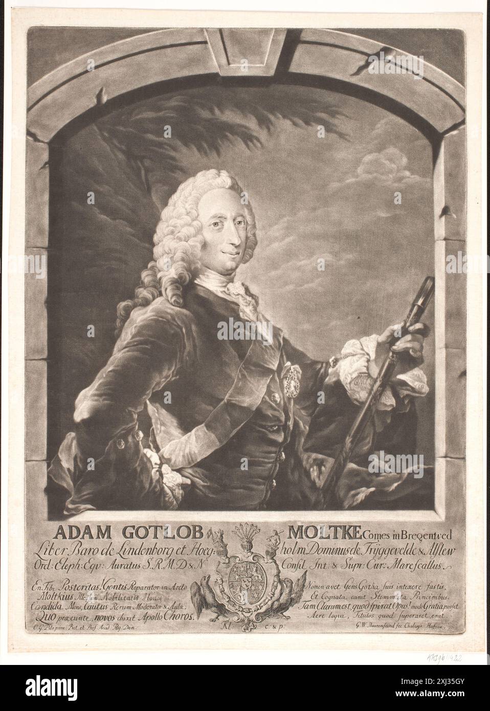 Adam Gotlob Moltke Baurenfeind, Georg Vilhelm 1728 - 1763, Pilo, C.G. 1711 - 1793 Mezzotint, Print Samlinger til en beskrivende Catalog over Portraiter af Danske, Norske og Holstenere, A Strunk, Nr. 1863, 41322, 1865. Danske portrætter i kobberstik, litografi og træsnit: en beskrivende fortegnelse, P.B.C. Westergaard, Nr. 7983, C 3997:1-2 da, 1930-1933. Sprengel, Wahl o.fl: Neue Erd-beschreibung. I-XIII, A.. F Büsching, S. 346, D 526, 1777-1807. Samlingssteder. Udenlandsk billedkunst i danske samlermiljøer 1690-1840, Jesper Svenningsen, Abb. 20, 2023 Adam Gotlob Moltke Stockfoto