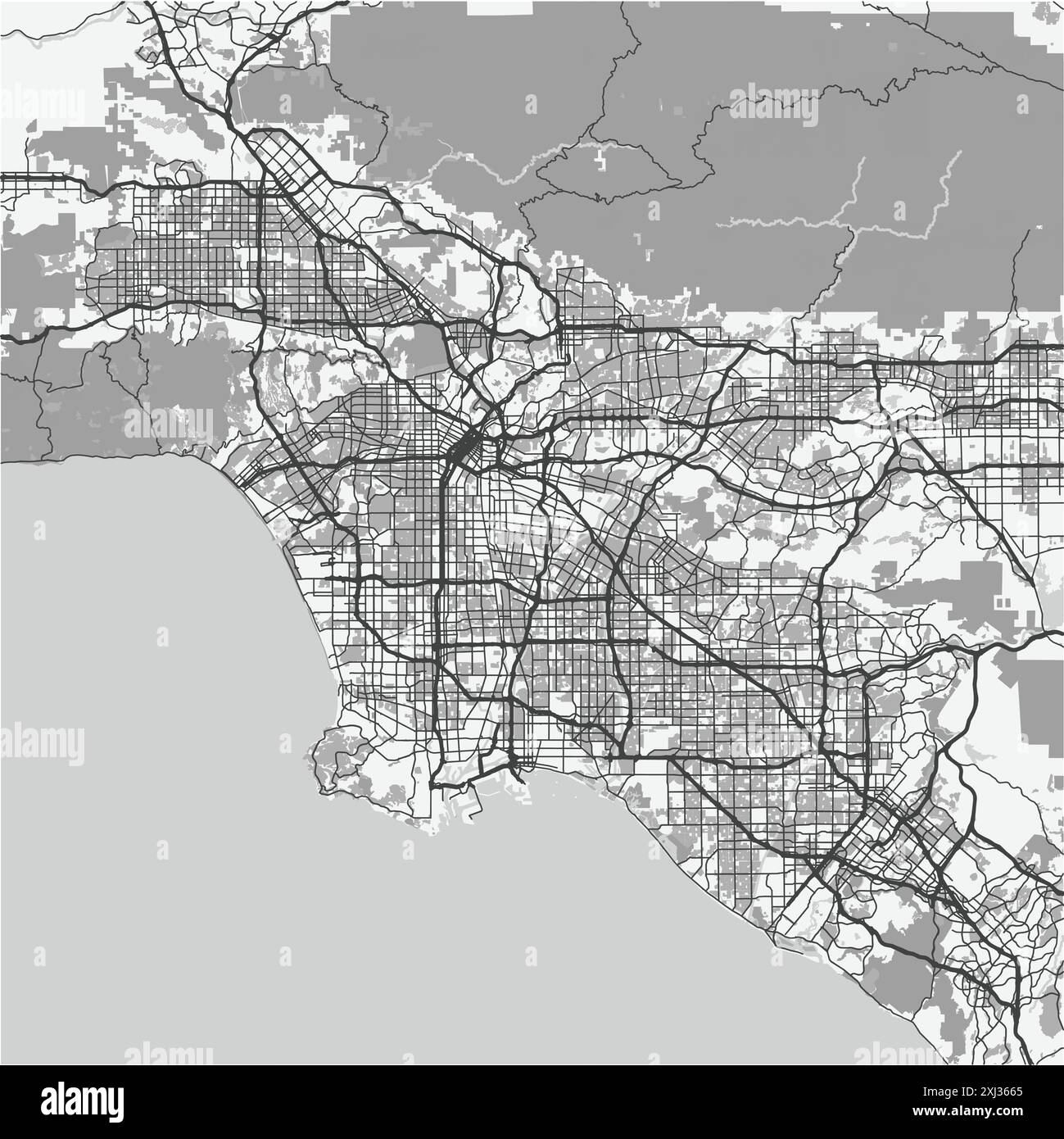 Karte von Los Angeles in Kalifornien in Graustufen. Enthält mehrschichtigen Vektor mit Straßen, Wasser, Parks usw. Stock Vektor
