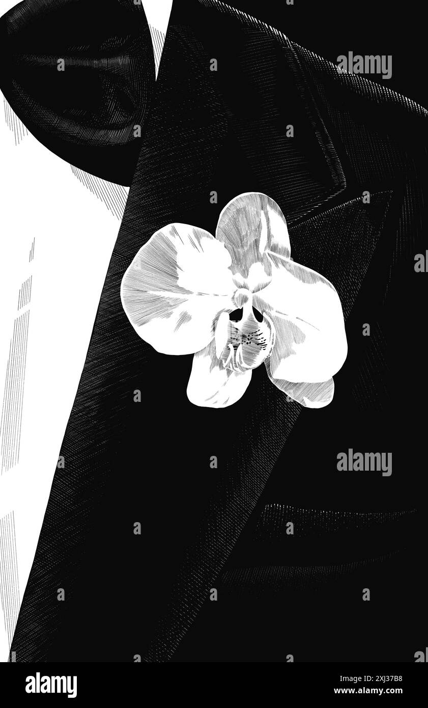Traditionelles Hochzeitskleid des Bräutigams mit einer blühenden Orchidee im Knopfloch seiner Jacke. Schwarzweiß-Illustration. Einladungsdesign. Stockfoto