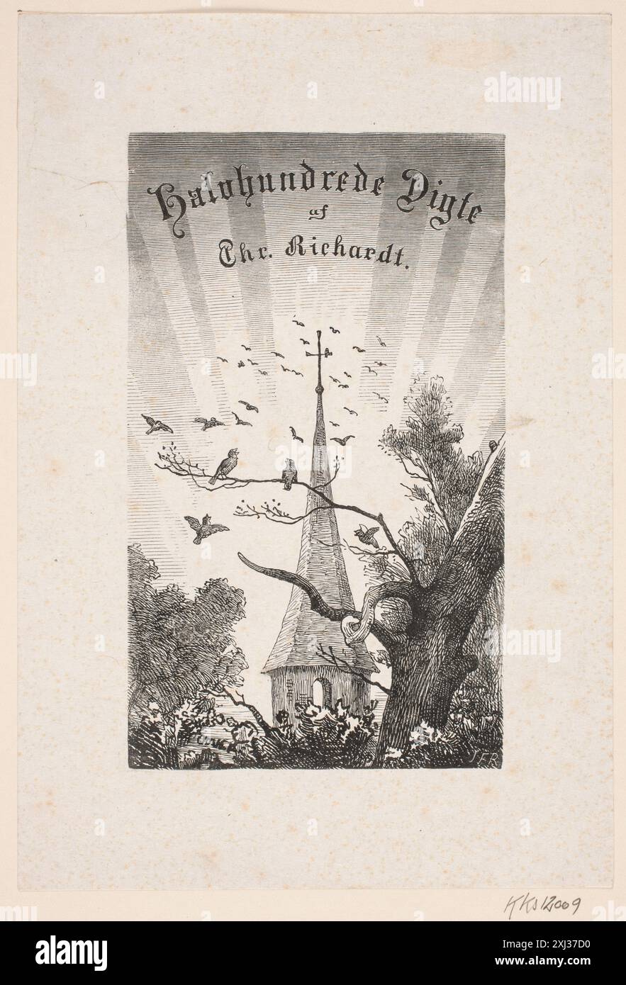 Holzschnitt-Titelseite von Johan Frederik Rosenstand für Christian Richardts „Half Hundred Poems“ mit Titeltext und Layout. Stockfoto