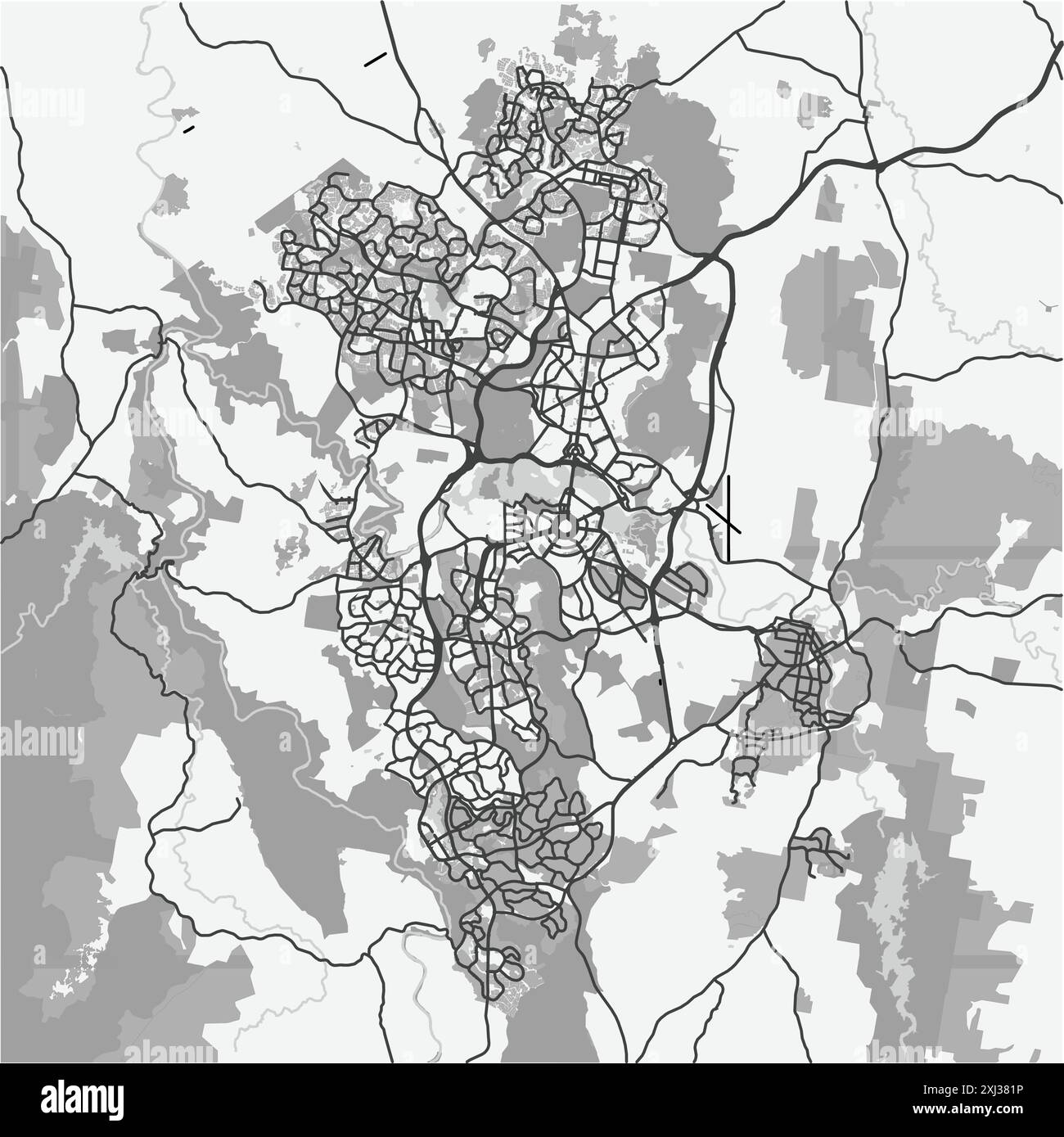 Karte von Canberra in Australien in Graustufen. Enthält mehrschichtigen Vektor mit Straßen, Wasser, Parks usw. Stock Vektor