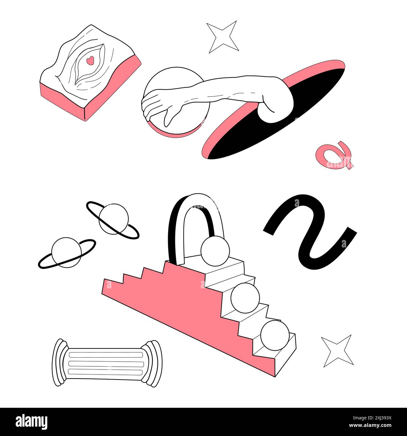 Elemente des Surrealismus mit abstrakten griechischen antiken Skulpturen. Vektor-handgezeichnete Illustrationen moderner Statuen und kosmischer Raum, Geometriepsychologie Stock Vektor