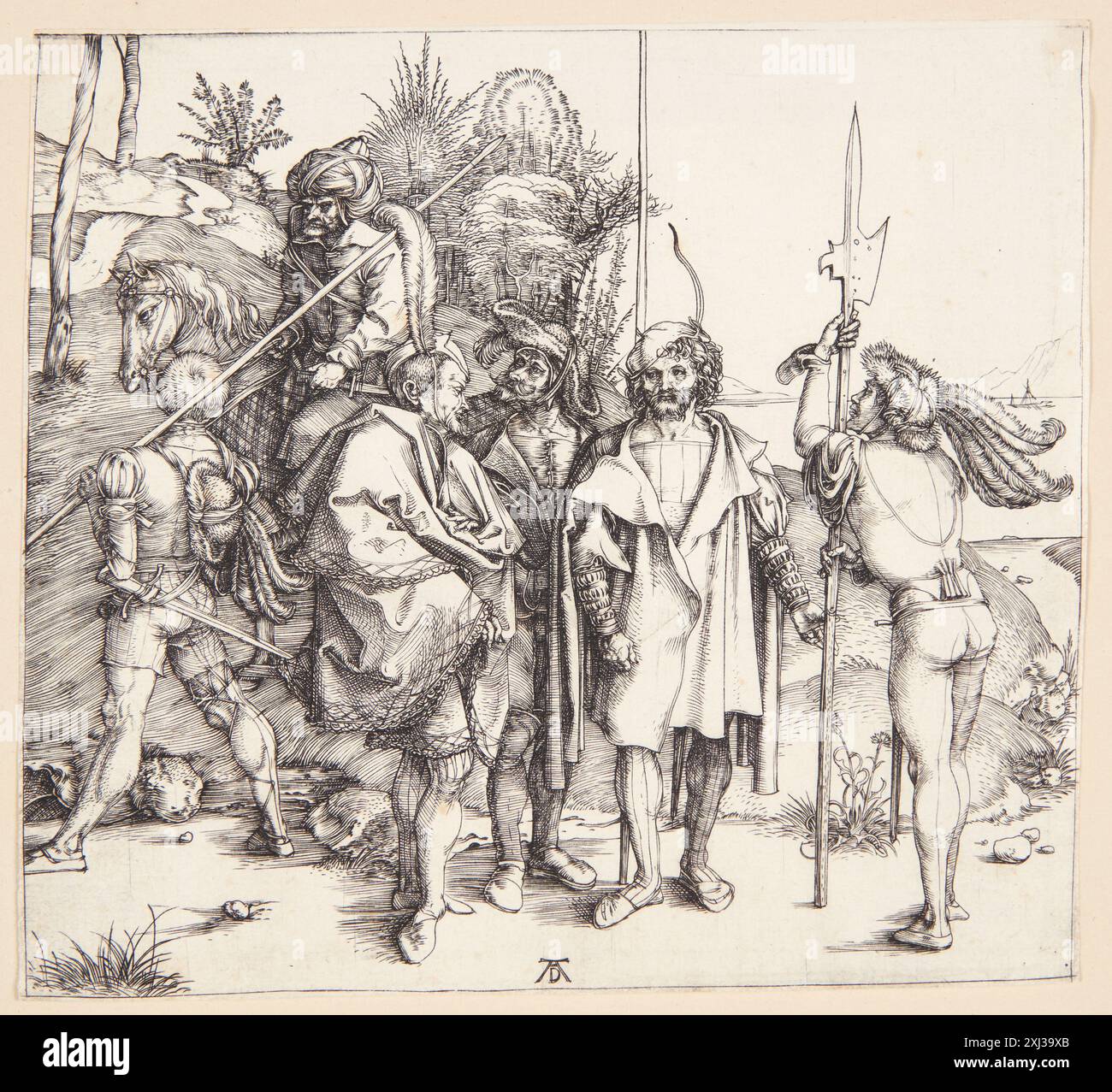 Kupferstich von Albrecht Dürer (1471–1528), der fünf Lanzenetten und eine Orientalische zu Pferd zeigt, Figuren, Pferde, Kleidung und Komposition. Stockfoto