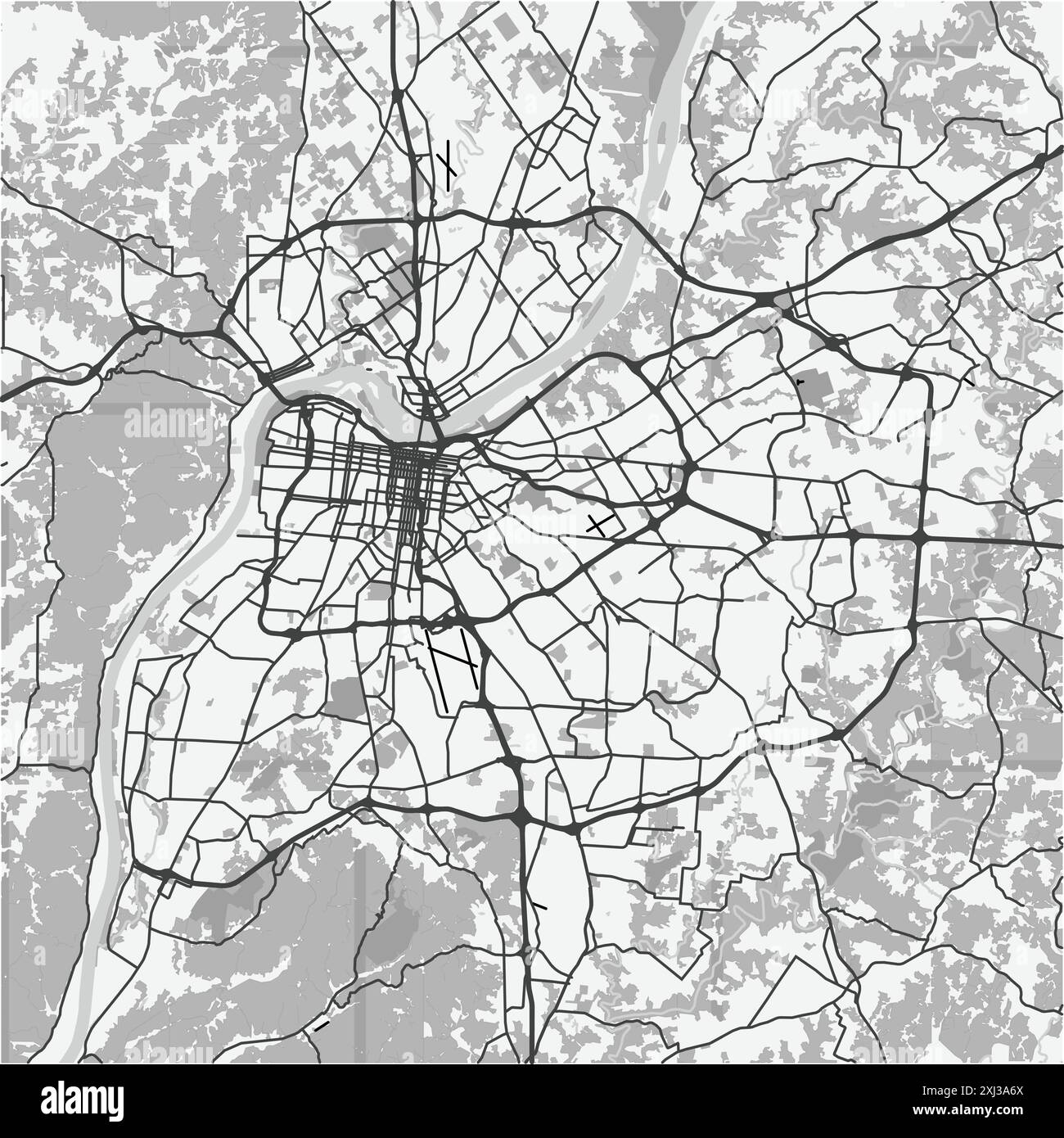 Karte von Louisville in Kentucky in Graustufen. Enthält mehrschichtigen Vektor mit Straßen, Wasser, Parks usw. Stock Vektor