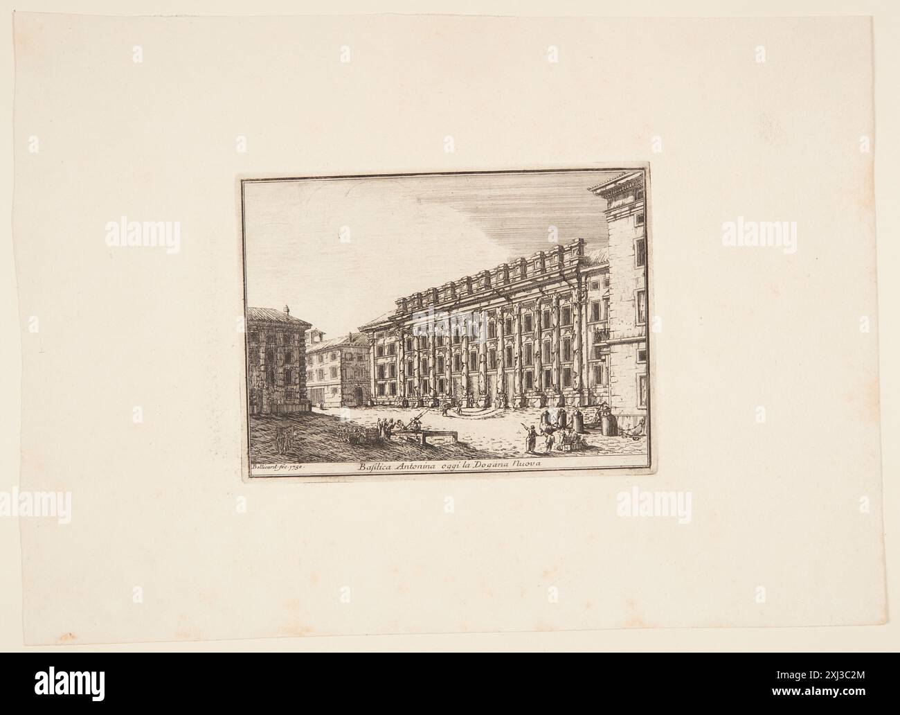 Stich von Jerome Charles Bellicard und Giovanni Bouchard, der die Basilika Antonina, heute La Dogana Nuova genannt, darstellt und architektonische Merkmale, Fassade, Säulen und Designelemente zeigt. 18. Jahrhundert. Stockfoto