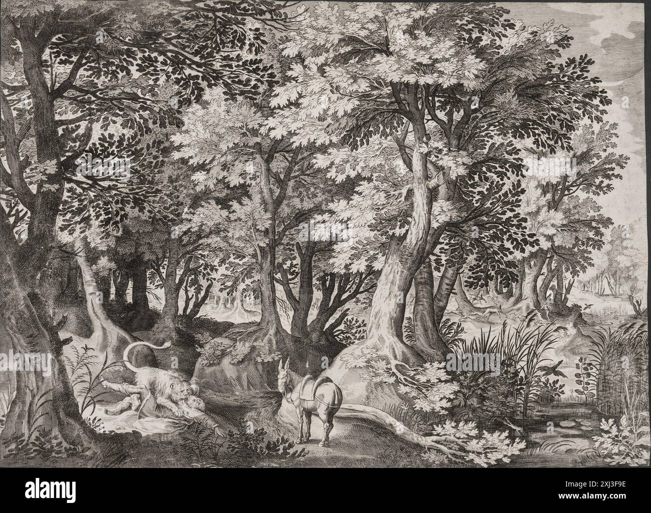 Dieser Kupferstich von Jan van Londerseel (1568–1622), Gijsbert Hondecoeter (1604–1653) und Claes Visscher (1586–1652) zeigt eine Landschaftsszene, in der ein ungehorsamer Prophet von einem Löwen verzehrt wird. Stockfoto