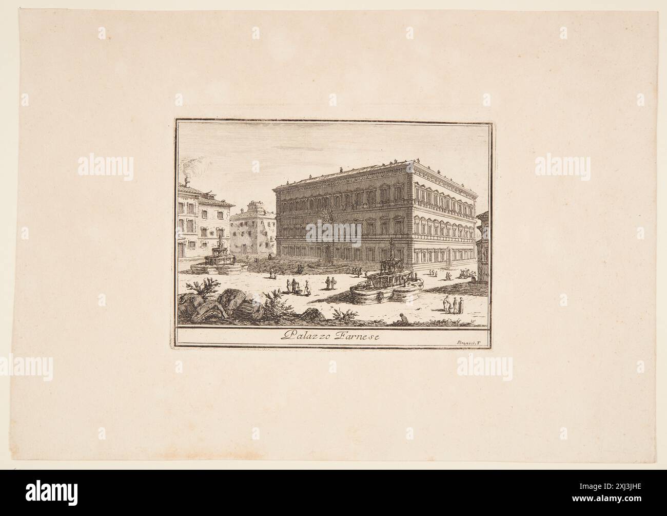 Kupferstich von Giovanni Battista Piranesi, der den Palazzo Farnese in Rom zeigt und die Architektur der Renaissance, die Fassadendetails und die Innenraumgestaltung hervorhebt. Stockfoto