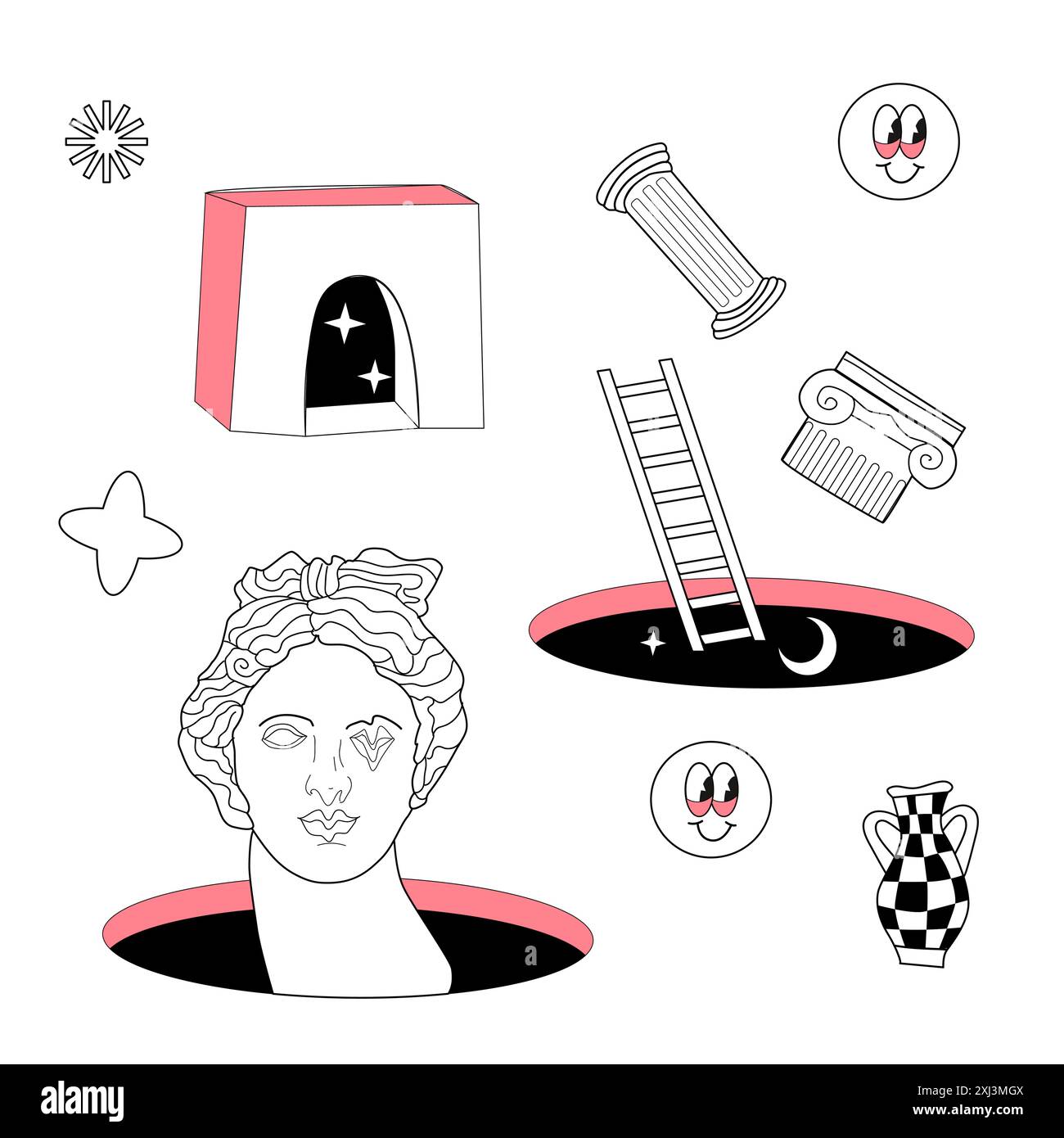 Surrealismus-Elemente-Muster mit abstrakten griechischen antiken Skulpturen. Vektor-handgezeichnete Illustrationen von modernen Statuen und kosmischen Raum, Geometriepsychologie Stock Vektor