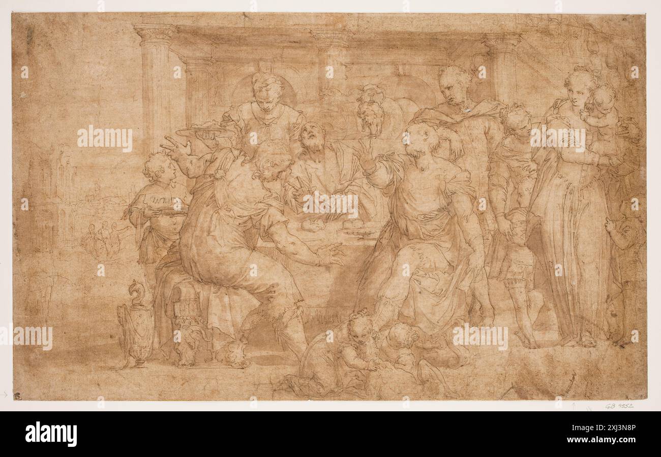 Das Abendessen in Emmaus Zelotti, Giovanni Battista 1526 - 1576 Zeichnung venezianischer Zeichnungen. Italienische Zeichnungen in der Royal Collection of Graphic Art Department, Statens Museum for Kunst, Chris Fischer, Nr. 31, 2018. Les marques de Collections de dessins & d'estampes: marques estampillées et écrites de Collections particulières et publiques, Frits lugt, Nr. 718, 7027, 1921-1956 das Abendessen in Emmaus Stockfoto