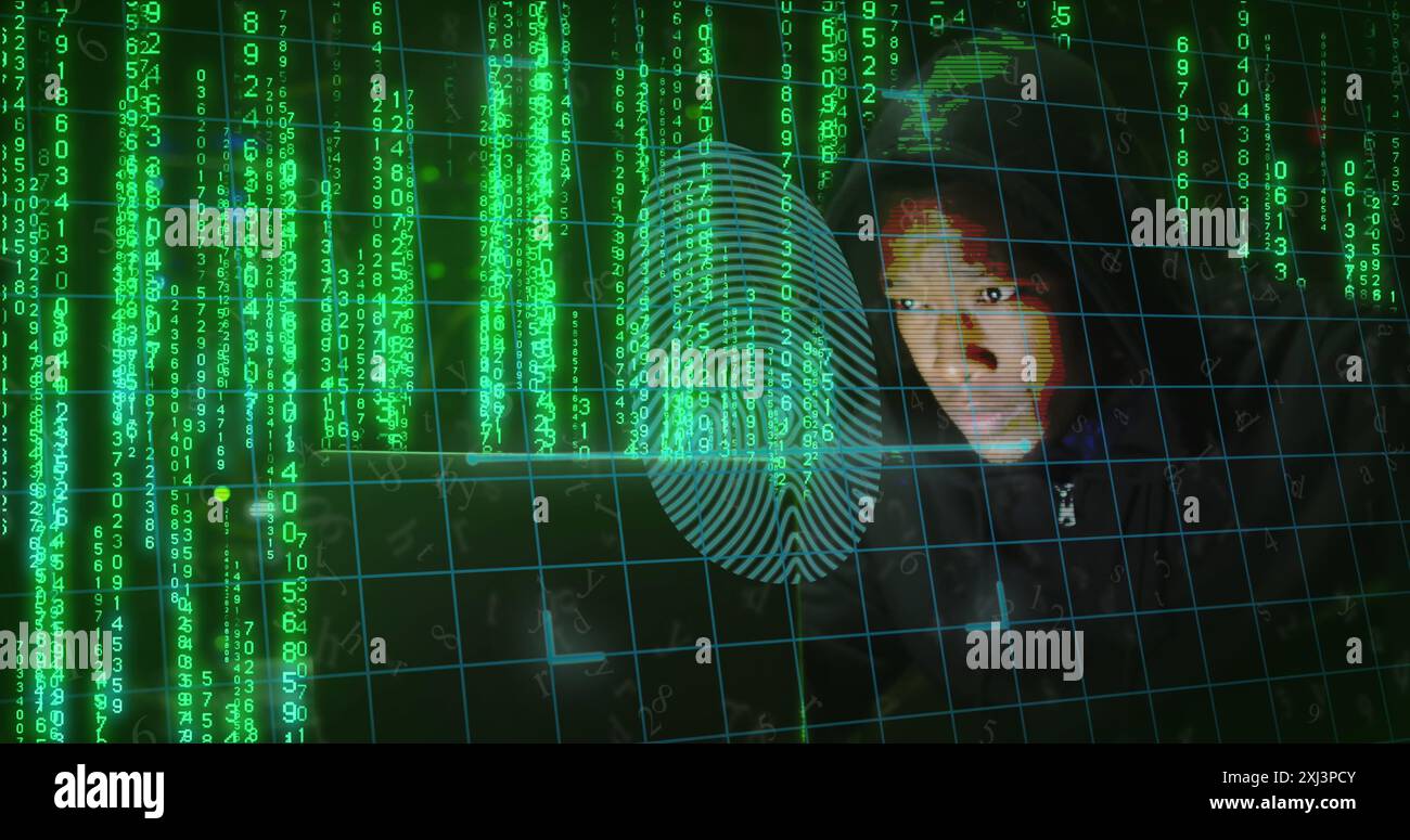 Bild von biometrischem Fingerabdruck und Binärcodierung über afroamerikanischem Mann mit Laptop. Global Computing, digitale Schnittstelle und Datenverarbeitung Stockfoto