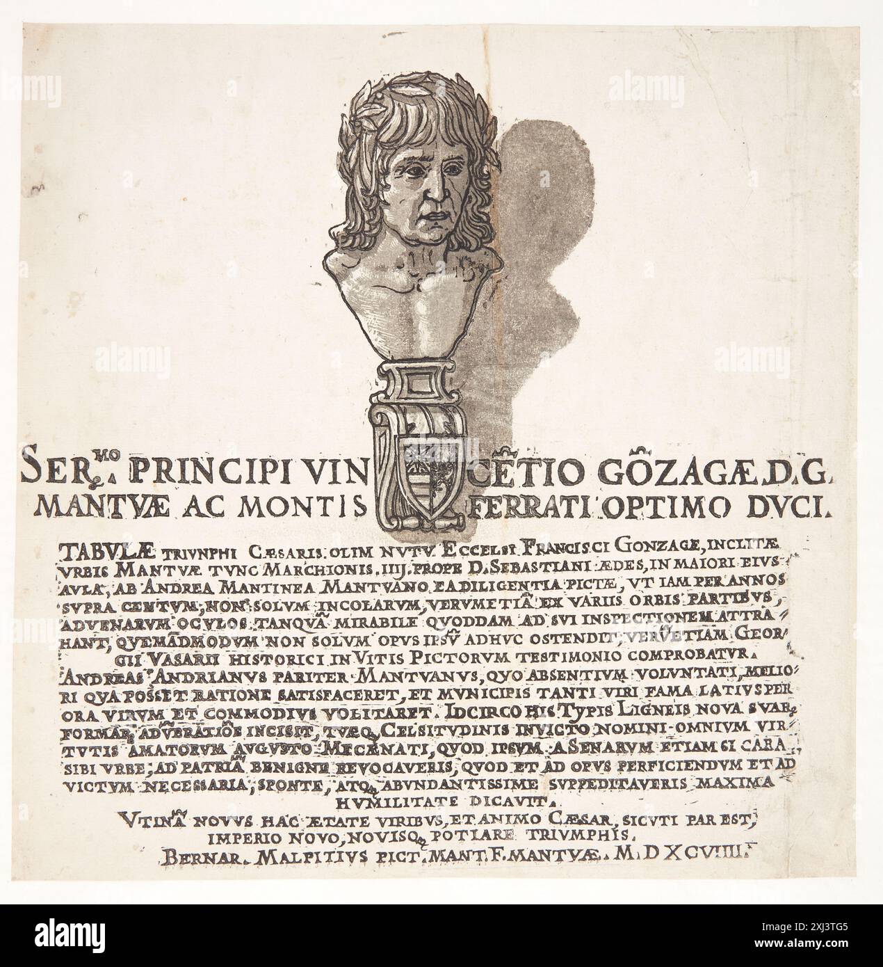 Frontispiz zu Julius Cäsars Triumph Andreani, Andrea 1558 - 1629, Mantegna, Andrea 1429 - 1506, Malpizzi, Bernardo 1553 - 1623 Chiaroscuro Holzschnitt, Print the Illustrated Bartsch 48, italienische Chiaroscuro Holzschnitte, Caroline Karpinski, S. 156, 11, C 36237, 1983 Frontispiz bis Julius Cæsars triumf Stockfoto