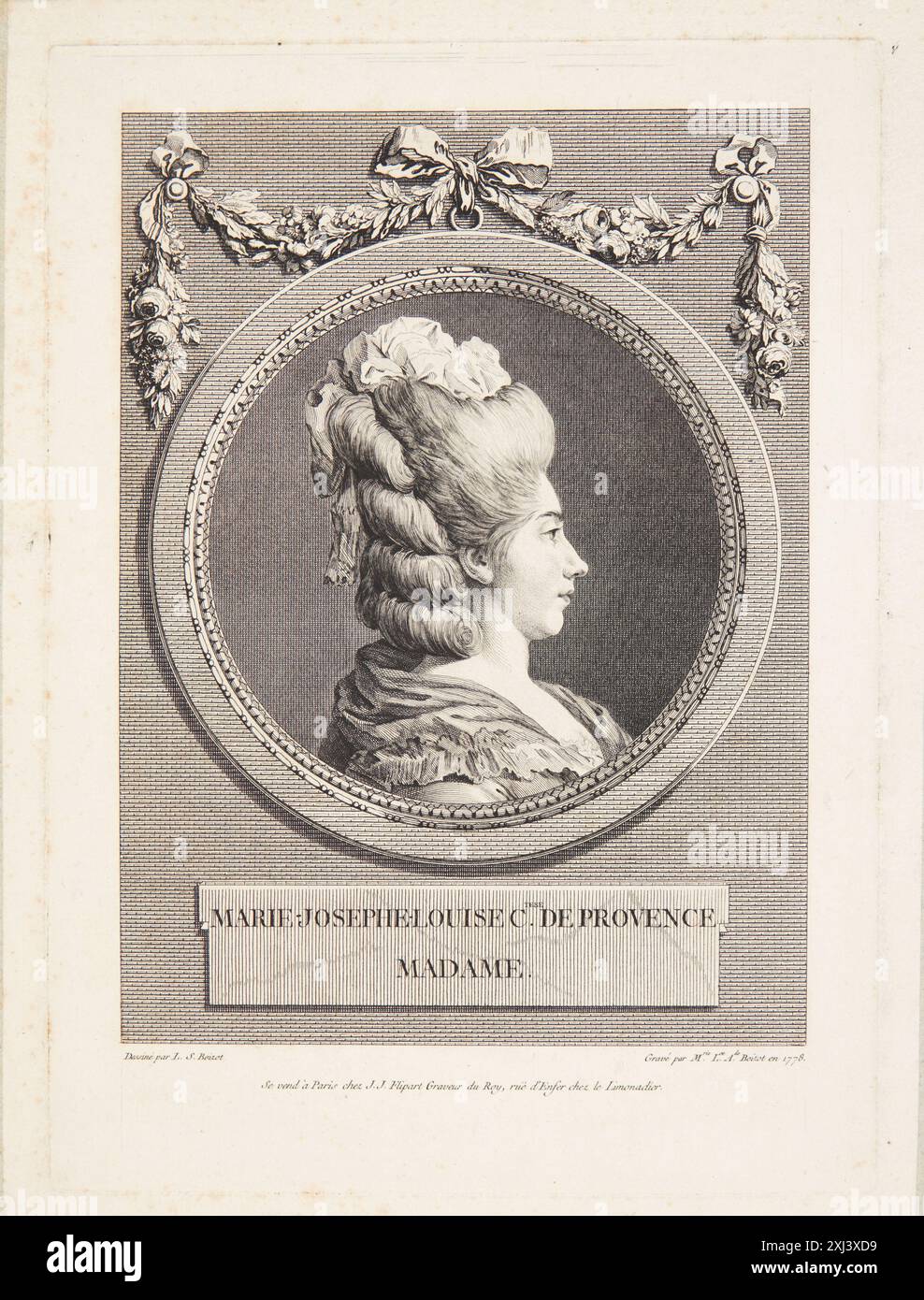 Porträt Marie Joséphine von Savoy Boizot, Marie Louise Adélaid 1744 - 1800, Boizot, Louis Simon 1743 - 1809, Flipart, Jean-Jacques 1719 - 1782 Etching, Print Inventaire du Fonds francais: Graveurs du XVIIIe siècle III: Bizemont-Prunelé - Cars, Marcel Roux, S. 127, Nr. 15, SMK 2,780:3, 1934. Manuel de l'Amateur d'estampes, Charles Le Blanc, bd. I, S. 427, Nr. 9, C 35580, 1854-[1890] Portræt af Marie Joséphine af Savoyen Stockfoto