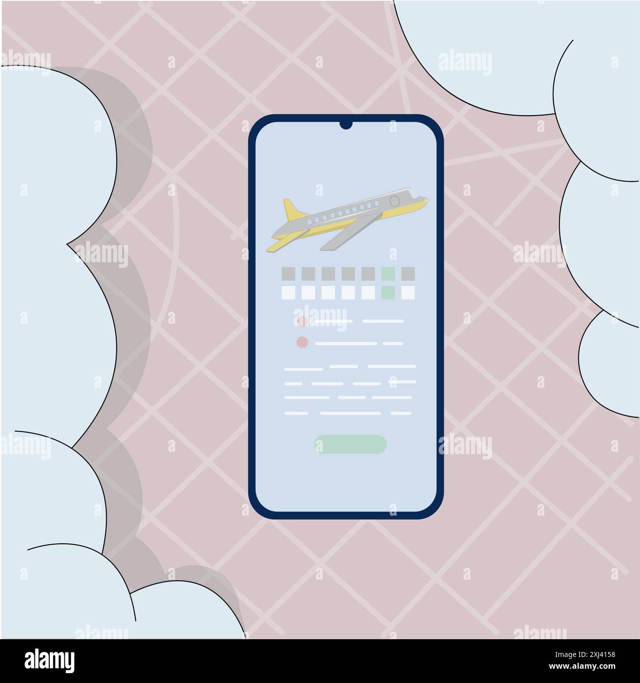 Buchen Sie ein Flugticket von einem Smartphone auf einer Karte der Stadt und der Wolken. Vektorabbildung in Schlitz flach. Konzept für den Kauf von Tickets Online-Reisen, Flug Stock Vektor