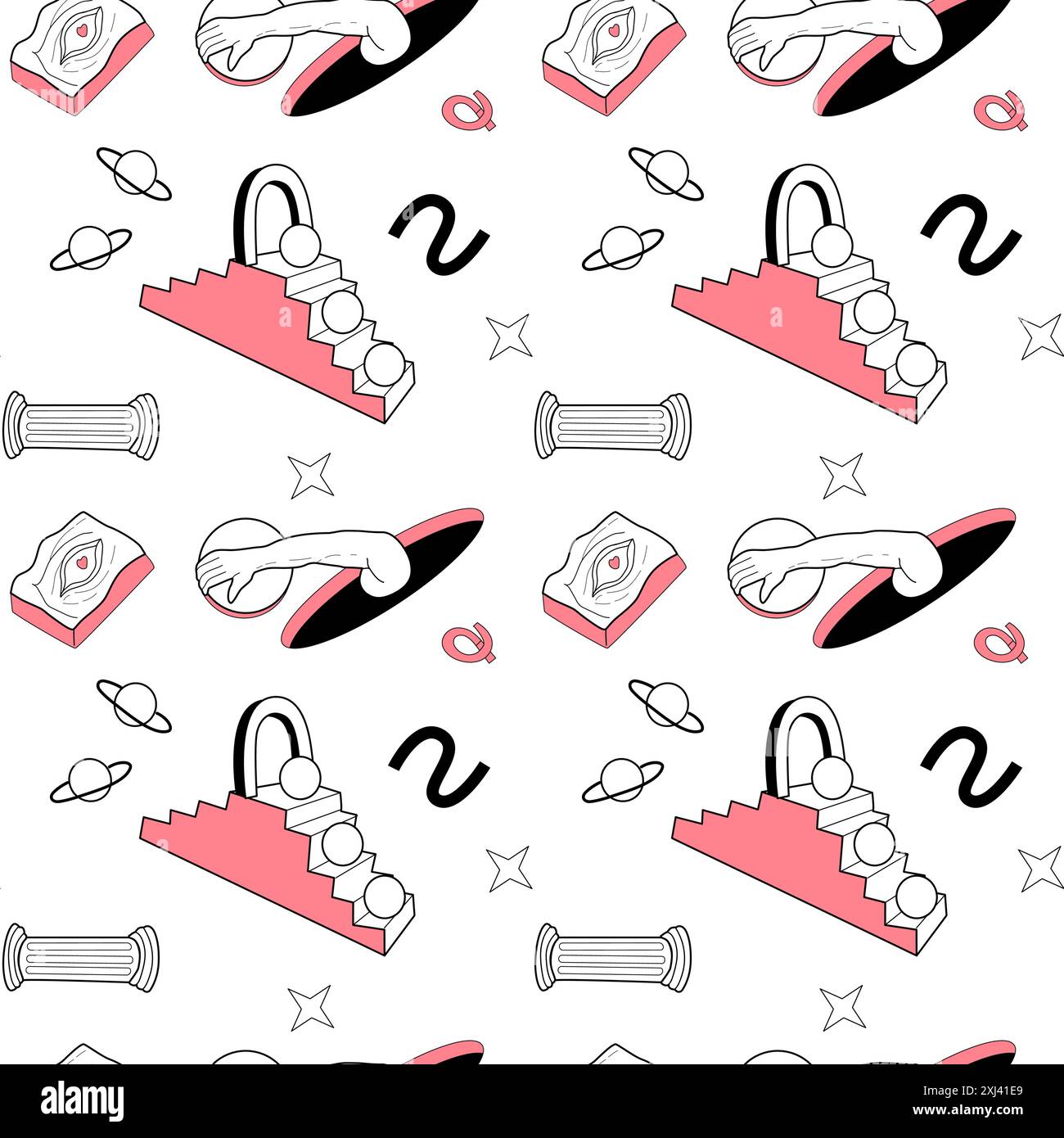 Surrealismus-Elemente-Muster mit abstrakten griechischen antiken Skulpturen. Vektor-handgezeichnete Illustrationen von modernen Statuen und kosmischen Raum, Geometriepsychologie Stock Vektor