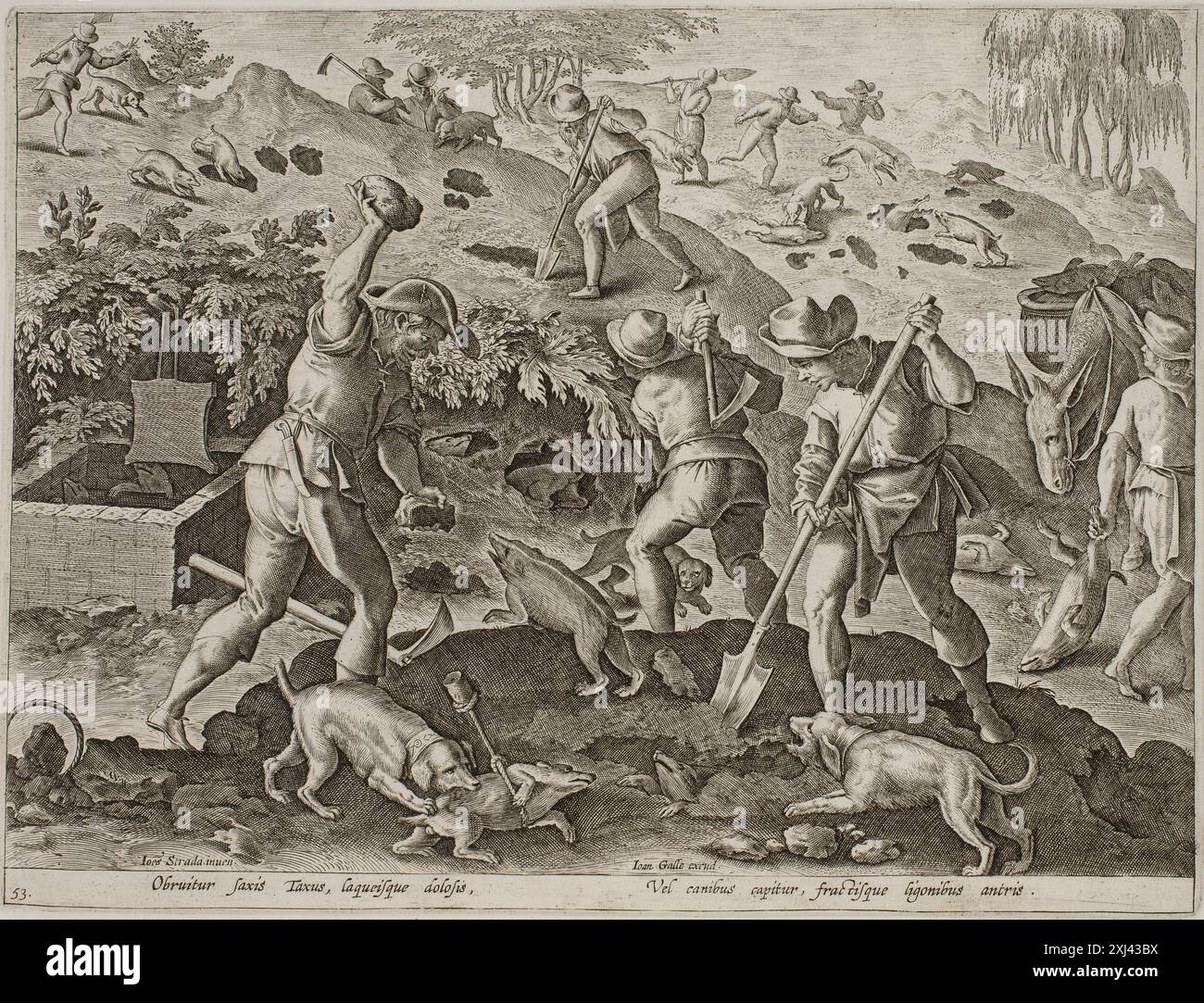 Badger Hunt Wierix (II), Antonius 1555 - 1604, Straet, Jan van der 1523 - 1605, Galle, Joannes 1600 - 1676 Kupferstich, Druck der Niederländischen und Flämischen Radierungen, Stiche und Holzschnitte 1450-1700, Johannes Stradanus, Teil I-III, Marjolein Leesberg, 441 III, C 42224, 2008 Dachsjagd Stockfoto