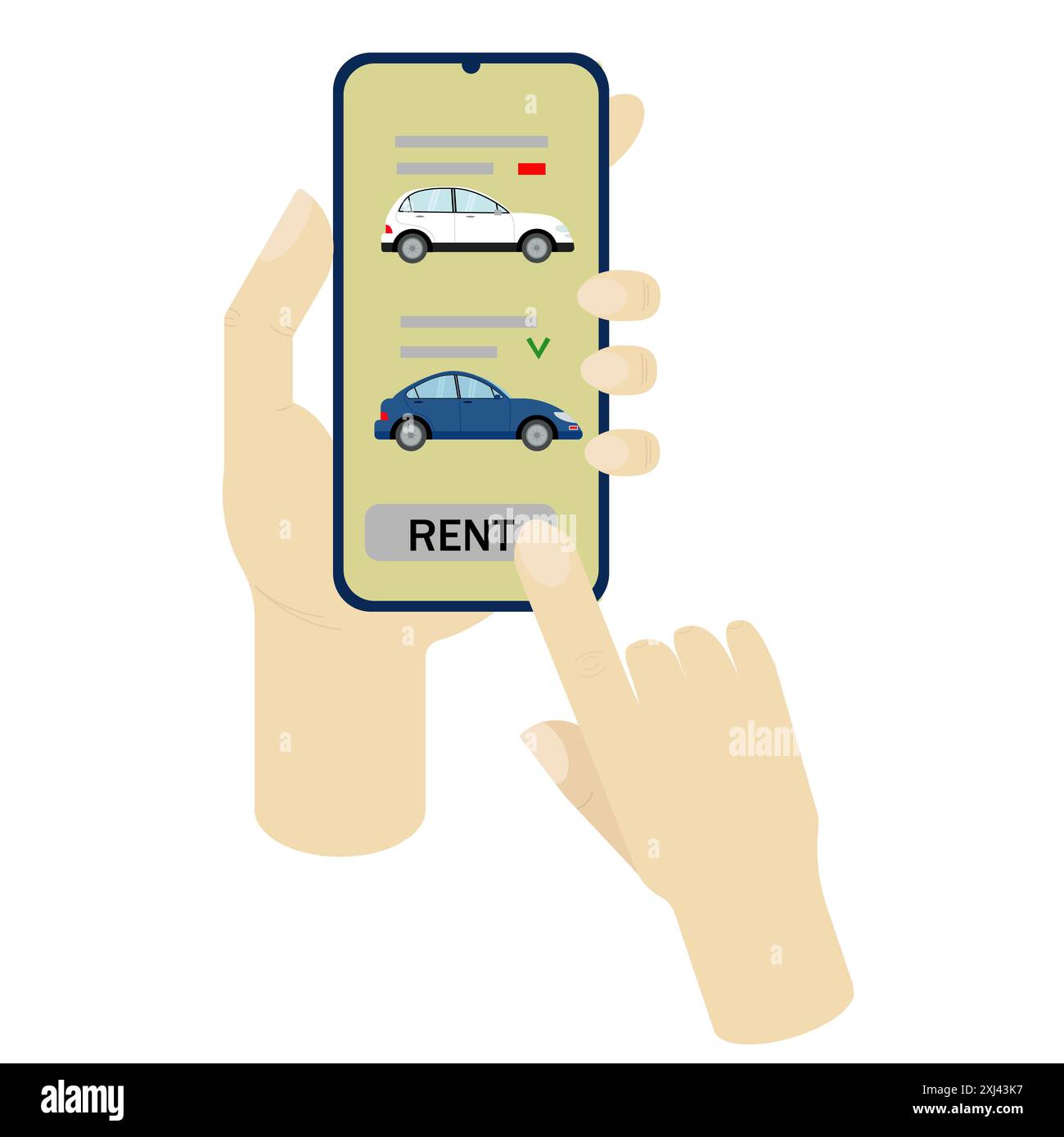 Autos auf dem Telefonbildschirm. Smartphone in der Hand auf weißem Hintergrund. Konzept - Carsharing, Autovermietung. Stock Vektor