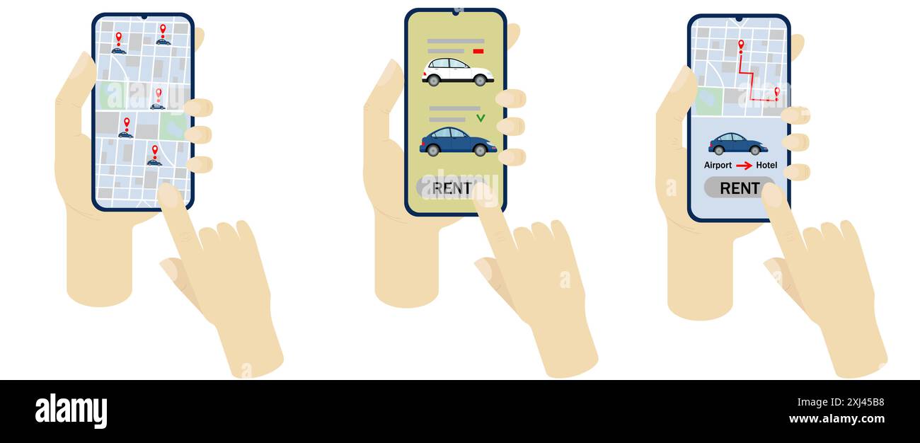 Carsharing, Autovermietung. Stellen Sie das Telefon auf einem weißen Hintergrund in die Hand. Auswählen eines Fahrzeugs auf einer Stadtkarte, Auswählen einer Fahrzeugmarke, einer Autoroute. Stock Vektor