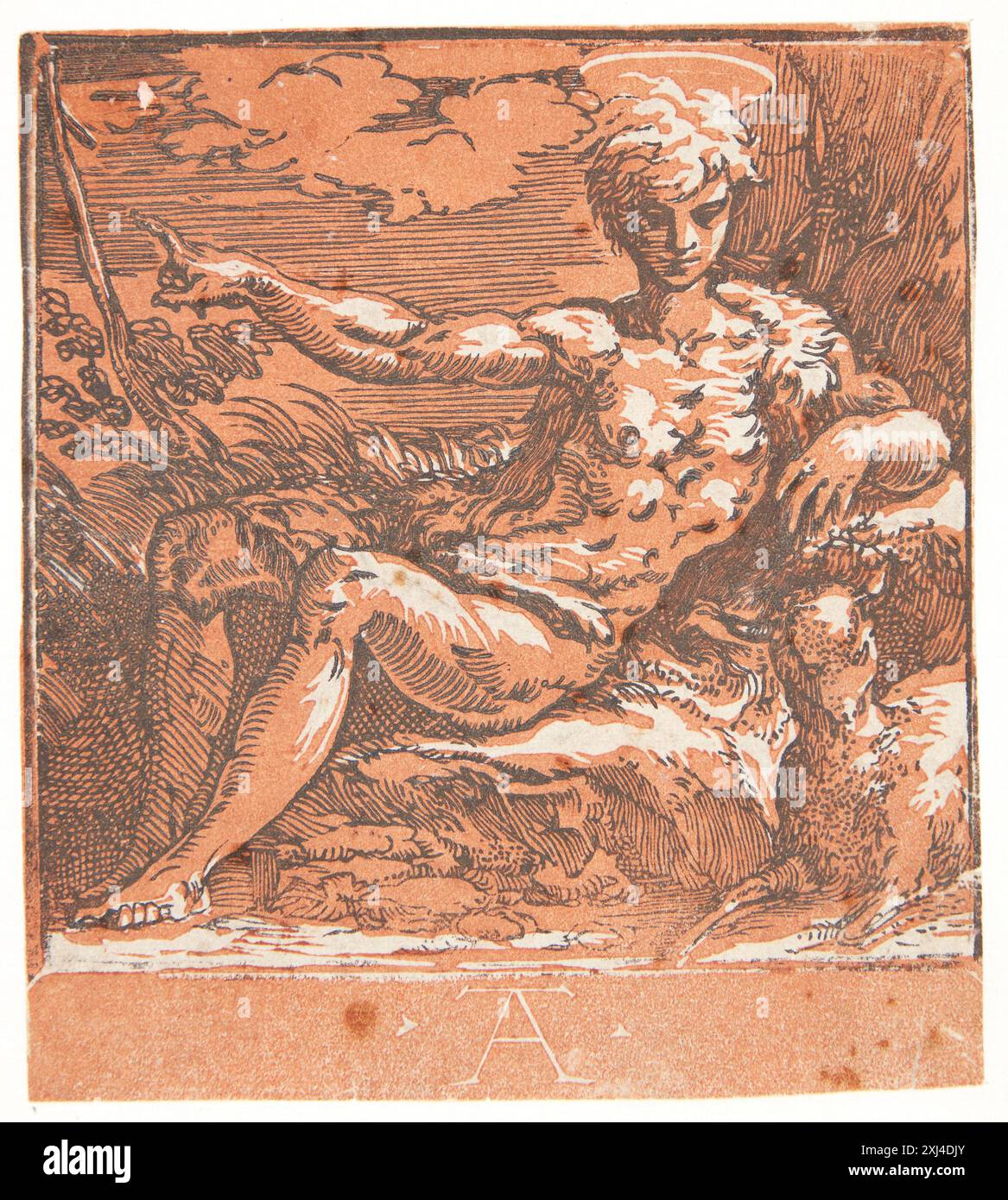 Johannes der Täufer in der Wüste Trient, Antonio da 1500 - 1550, Parmigianino 1503 - 1540 Chiaroscuro Holzschnitt, Print the Illustrated Bartsch 48, italienische Chiaroscuro Holzschnitte, Caroline Karpinski, S. 107,17 II, C 36237, 1983 Johannes Døberen i ørkenen Stockfoto