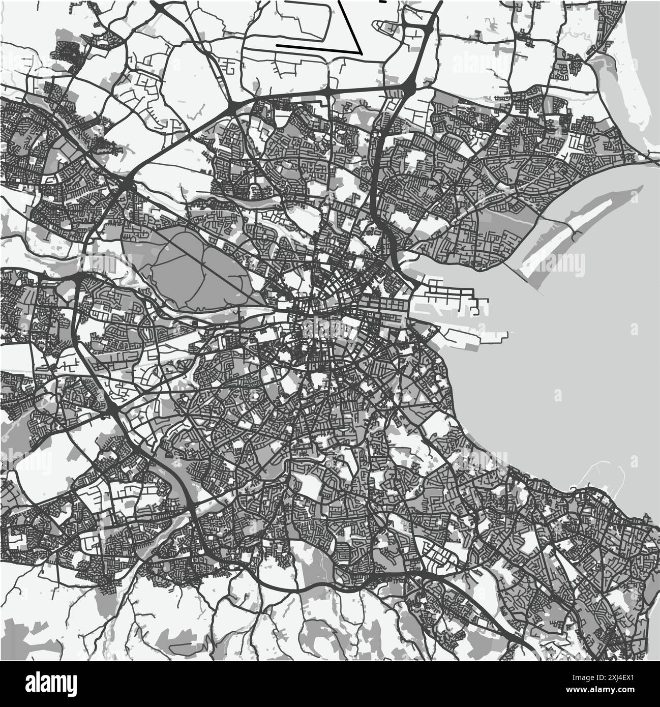 Karte von Dublin in Irland in Graustufen. Enthält mehrschichtigen Vektor mit Straßen, Wasser, Parks usw. Stock Vektor