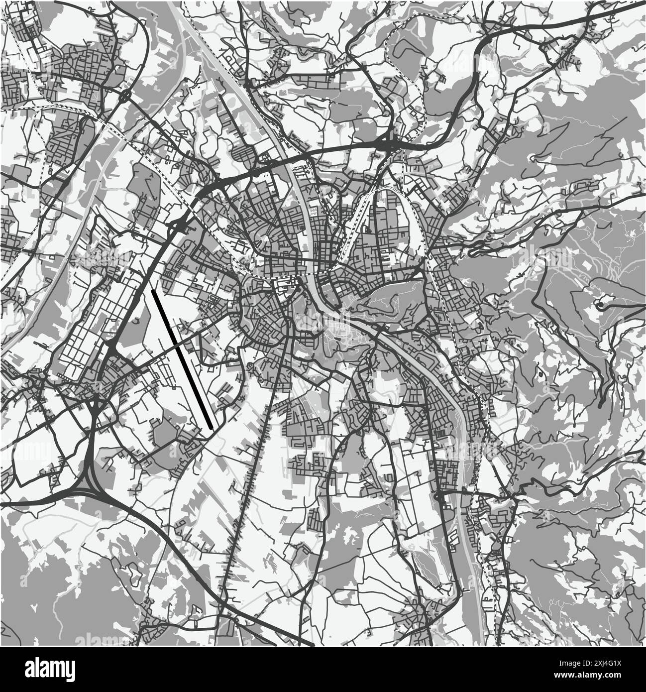 Karte von Salzburg in Österreich in Graustufen. Enthält mehrschichtigen Vektor mit Straßen, Wasser, Parks usw. Stock Vektor